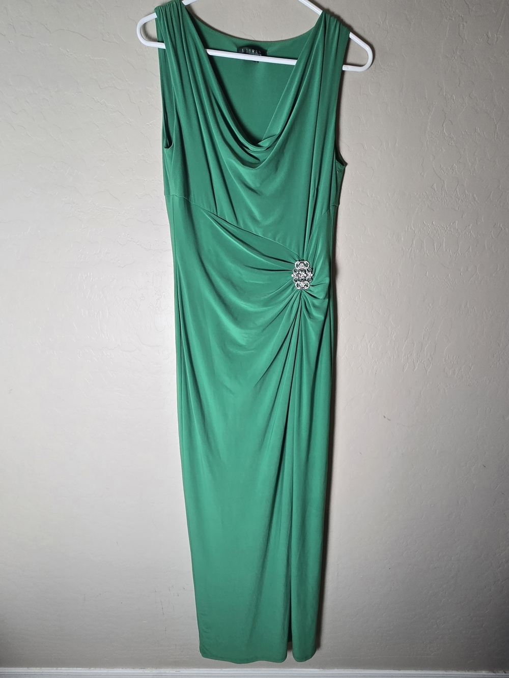 LaurenRalph Lauren Evening Green Cowel Neck Maxi Dress Rhinestone Brooch Size 10
